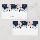 Carte De Placement Fleurs Nautiques Bleu Nuit et Rose Blush | Plan de (Devant / Derrière)