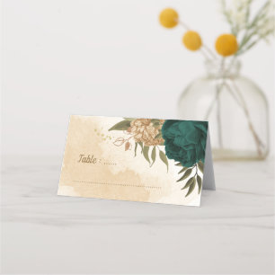 Carte De Placement fleurs vert émeraude et or beige
