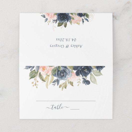 Carte De Placement Floral Blush Rose & Navy Frame Mariage élégant (Extérieur déplié)