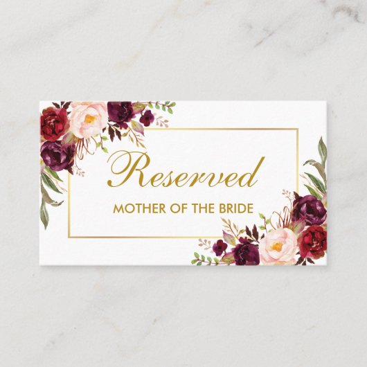 Carte De Placement Floral Burgundy Gold Mariage Nom réservé (Devant)