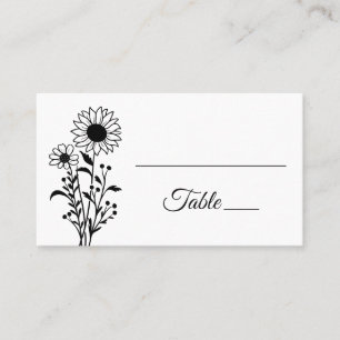 Carte De Placement Floral minimaliste noir Mariage de tournesols blan