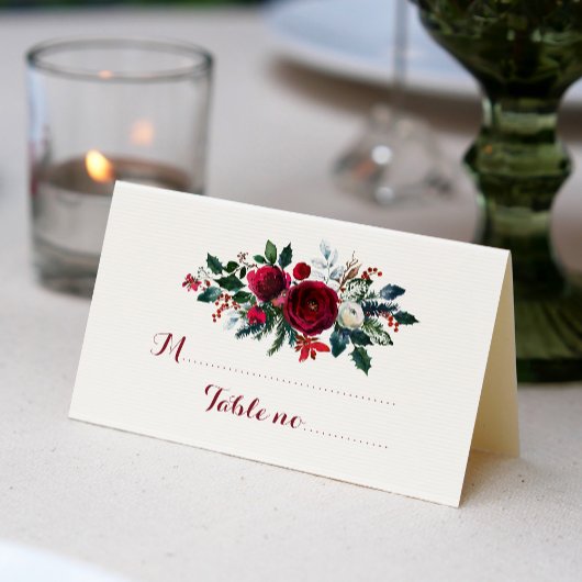 Carte De Placement Floral rouge bordeaux bouquet d'hiver invité maria
