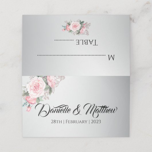 Carte De Placement Flores rose sur Mariage argent (Extérieur déplié)