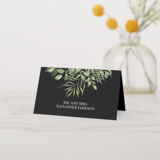 Carte De Placement Foliage simple | Noir | Design Mariage vert (Dos)
