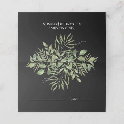 Carte De Placement Foliage simple | Noir | Design Mariage vert (Extérieur déplié)