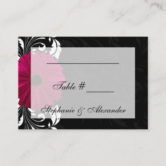 Carte De Placement Fuchsia Scroll Gerbera Daisy avec noir et blanc (Devant)