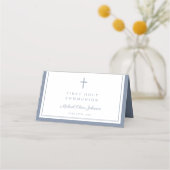 Carte De Placement Garçon élégant bleu poussiéreux Première Communion (Dos)