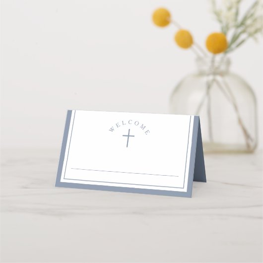 Carte De Placement Garçon élégant bleu poussiéreux Première Communion (Devant)