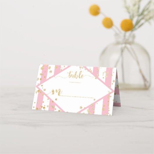 Carte De Placement Gold Confetti & Pink Stripes Numéro de tableau (Devant)