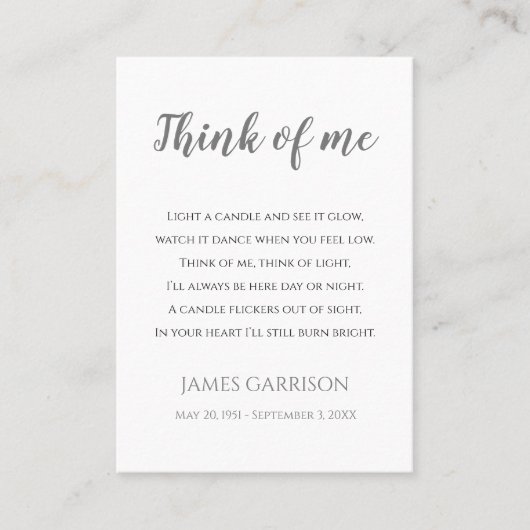 Carte De Placement Gray Pensez à moi Célébration de la vie bougie (Devant)
