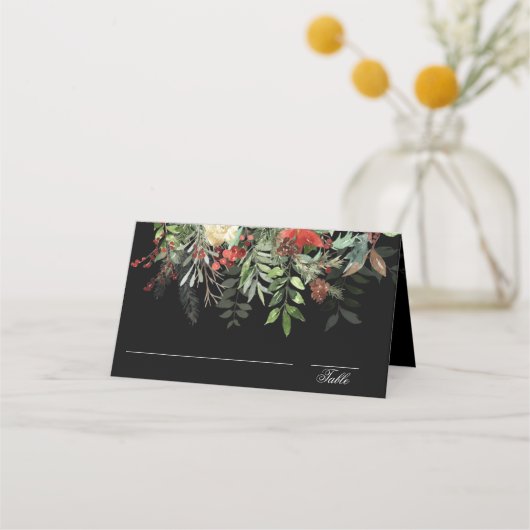 Carte De Placement Greens de Noël | Noir | Mariage de Noël (Devant)