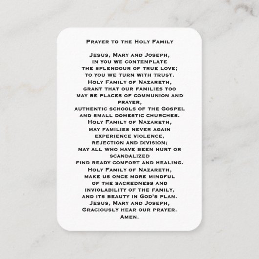 Carte De Placement Holy Family Catholic Prayer Card (Dos)