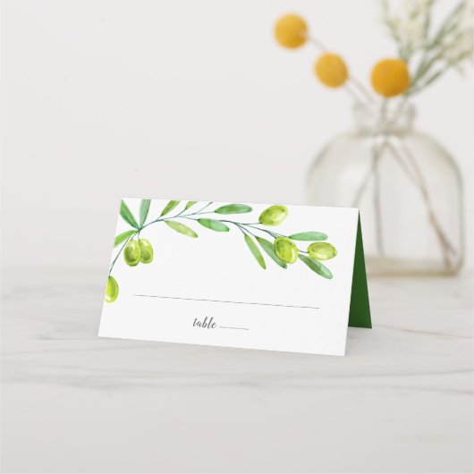 Carte De Placement Initiales de branche d'olivier à l'aquarelle verte (Devant)
