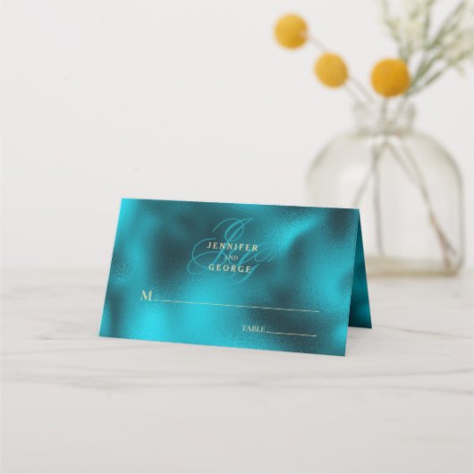 Carte De Placement Initiales de monogramme métallisé turquoise mariag (Devant)