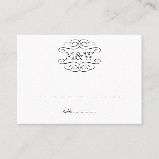 Carte De Placement Initiales noir scroll mariage escorte place assise (Devant)