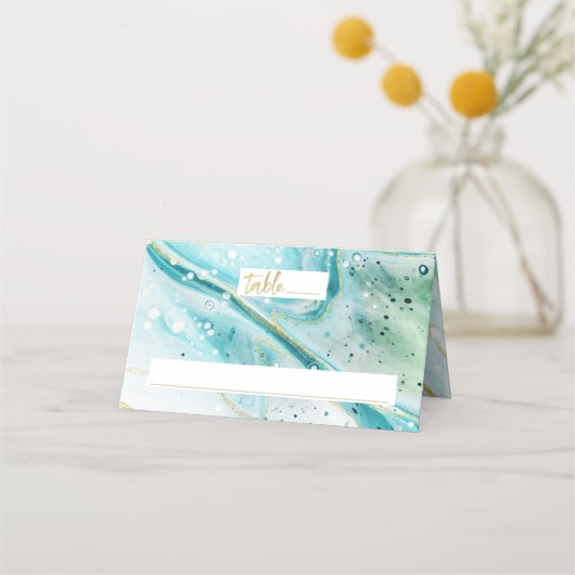Carte De Placement Inky Splash Turquoise Marble or Mariage Numéro de (Devant)
