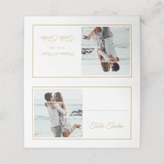 Carte De Placement Invités Elegant Photo Gold Mariage Numéro de table (Extérieur déplié)