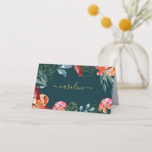 Carte De Placement Jeton de table de mariage floral corail bleu ton j