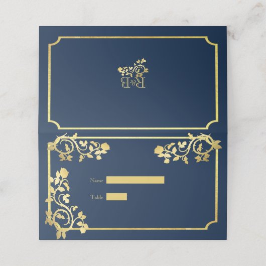 Carte De Placement Joli Roses or Foil sur Mariage bleu foncé (Extérieur déplié)