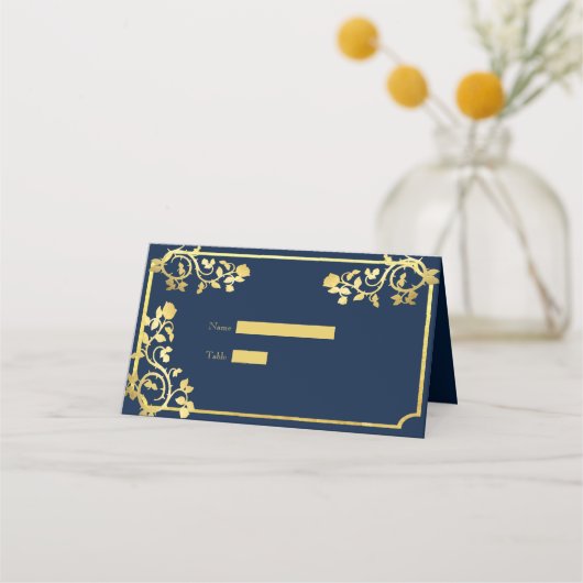 Carte De Placement Joli Roses or Foil sur Mariage bleu foncé (Devant)