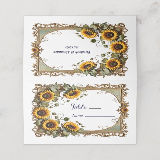 Carte De Placement Joli tournesol jaune avec cadre d'art mariage (Extérieur déplié)