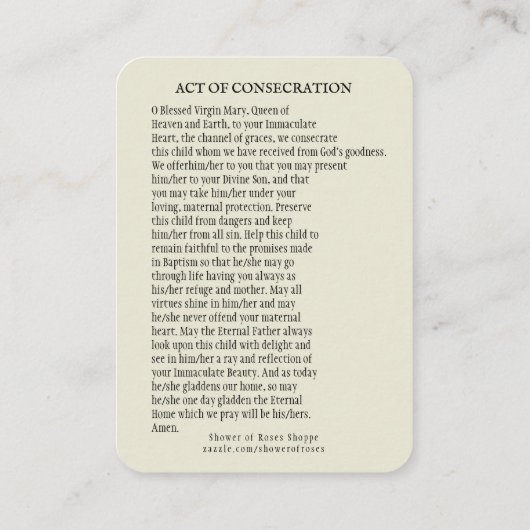 Carte De Placement La prière de consécration catholique de l'enfant à (Dos)