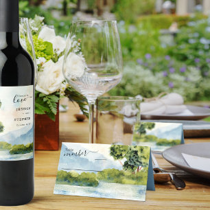 Carte De Placement Lac À feuillage persistant Aquarelle Mariage Dusty