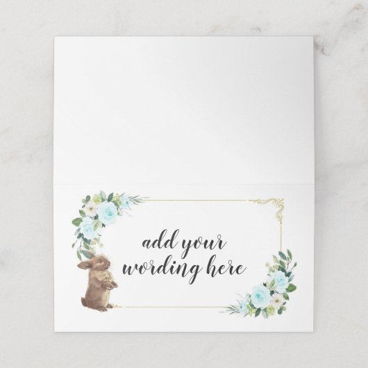 Carte De Placement Lapin lapin bleu et or avec fleurs Pâques (Extérieur déplié)