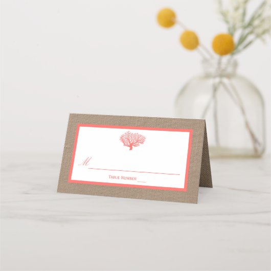 Carte De Placement Le Corail Sur Burlap Boho Beach Wedding Collection (Devant)
