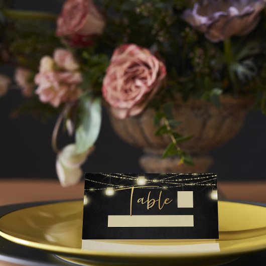 Carte De Placement Lumières de chaîne de script Gold Black Élégant
