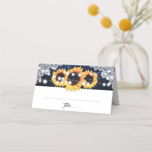 Carte De Placement Lumières de mariage en bois de tournesol bleu mari (Devant)
