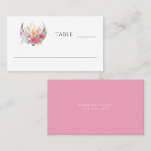 Carte De Placement Lune Bohème Cristaux Plumes Fleurs Roses Mariage