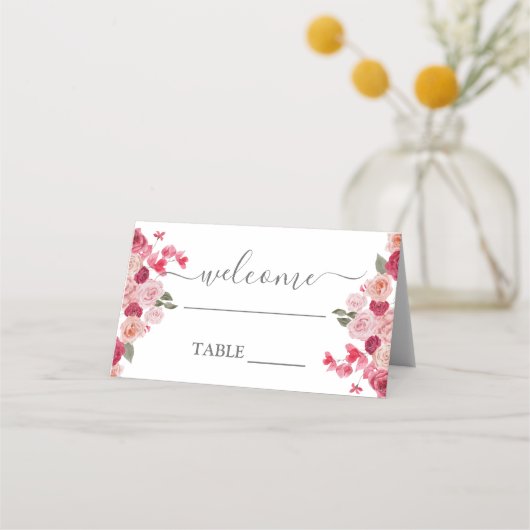 Carte De Placement Magenta Rose Floral mariage carte de place (Devant)