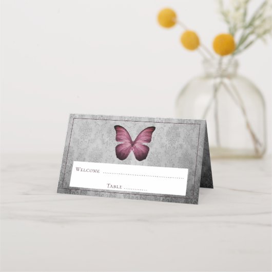 Carte De Placement Magenta Vintage Papillon Damask Réception (Devant)