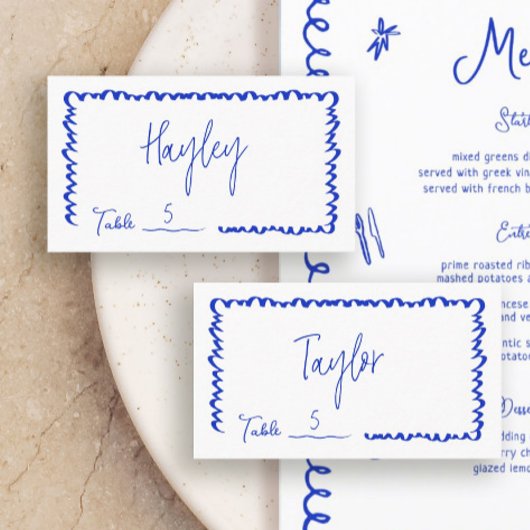 Carte De Placement Main dessinée Whimsical Fun Blue Mariage table pla