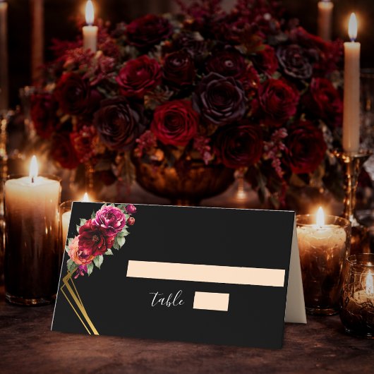 Carte De Placement Mariage à fleurs noir rouge chic