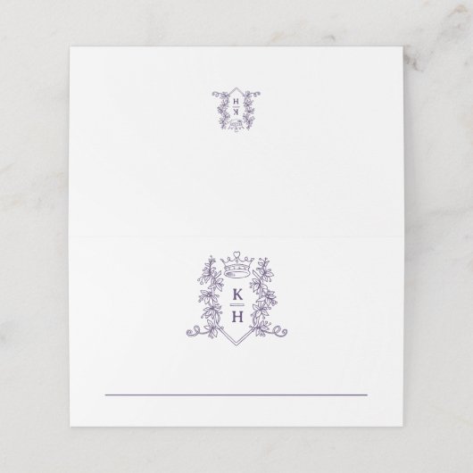 Carte De Placement Mariage blanc violet monogramme (Extérieur déplié)