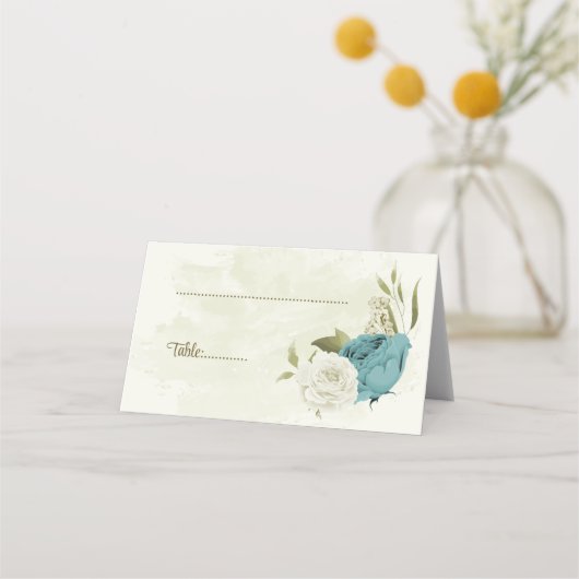 Carte De Placement mariage bleu blanc fleurs verdure (Devant)
