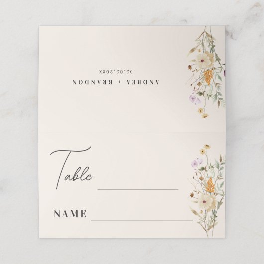 Carte De Placement Mariage Boho Crème Rustique Fleur sauvage (Extérieur déplié)