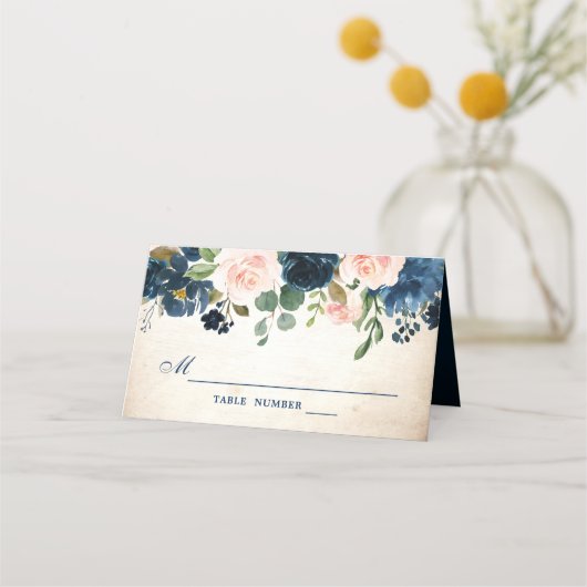 Carte De Placement Mariage botanique bleu bleu rose bleu marine (Devant)