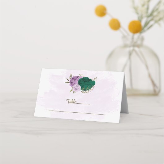 Carte De Placement mariage botanique des fleurs violettes vert émerau (Devant)