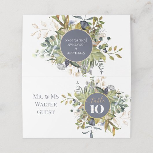 CARTE DE PLACEMENT MARIAGE BOTANIQUE MODERNE BLEU & VERT (Extérieur déplié)