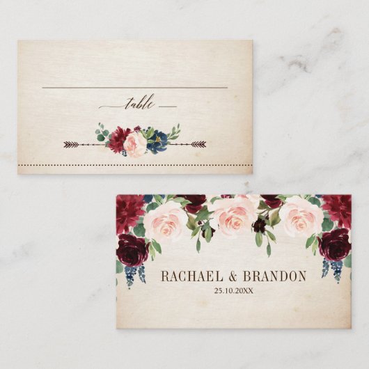 Carte De Placement Mariage campagnard de Boho Rustique Floral de la m (Devant / Derrière)