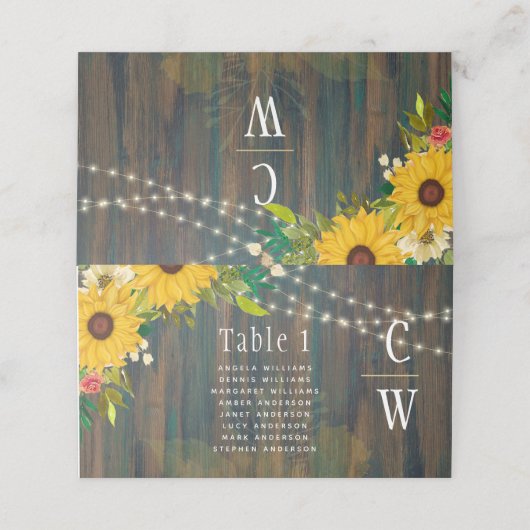 Carte De Placement Mariage campagnard Fleurs de soleil en bois rustiq (Extérieur déplié)
