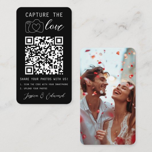 Carte De Placement Mariage Capture L'Amour Qr Code Photo Noir Blanc (Devant / Derrière)