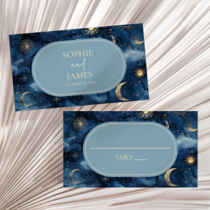 Carte De Placement Mariage Céleste Bleu Or Élégant Ciel Étoilé