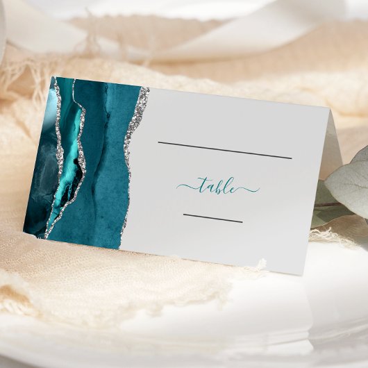 Carte De Placement Mariage chic bleu sarcelle argent agate