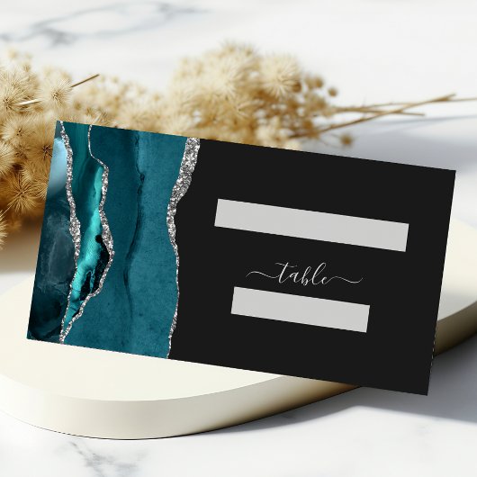 Carte De Placement Mariage chic sarcelle bleu argent agate foncé