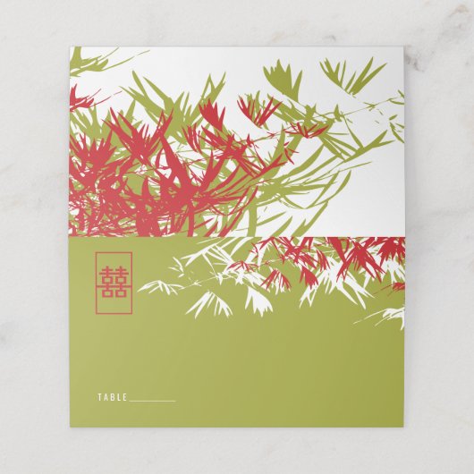 Carte De Placement Mariage chinois Feuille double Xi en bambou rouge (Extérieur déplié)