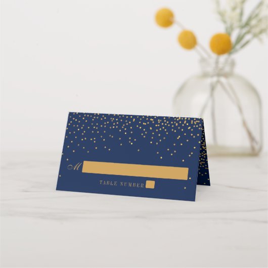 Carte De Placement Mariage Confetti en or bleu marine et glam (Devant)